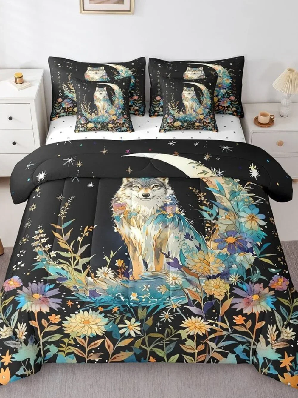 Wild Wolf Kids Comforter Set 7 Piece Queen Size,African Animal Western Wildlife